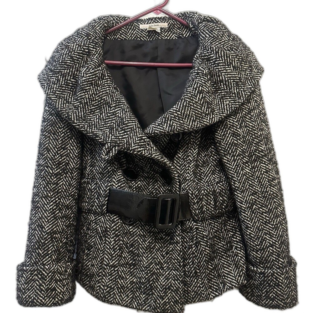 ZARA Basic Wool Blend Herringbone Peacoat L Belted Oversized Collar Lined Trendy